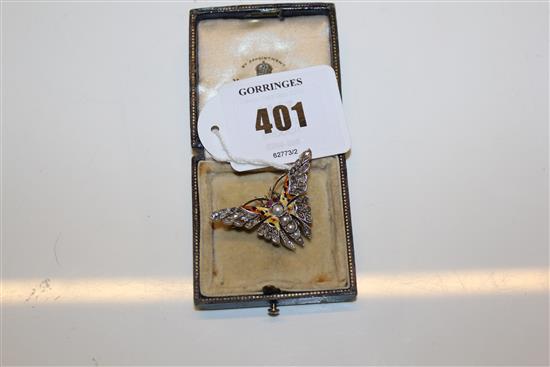 A gold and platinum, rose cut diamond, graduated split pearl and enamel butterfly brooch, 1.5in.